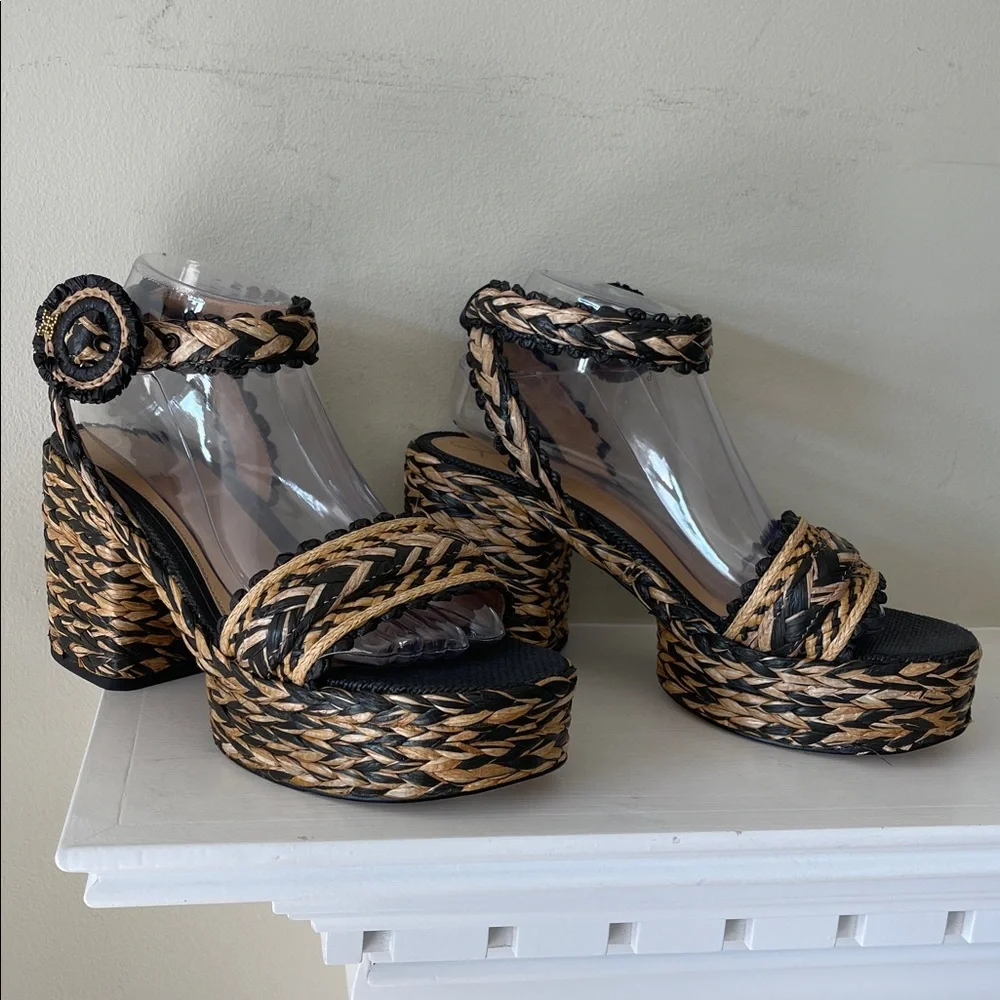 Sam Edelman Iliana Woven Platform Ankle-Strap Sandals Black & Natural Size 9.5